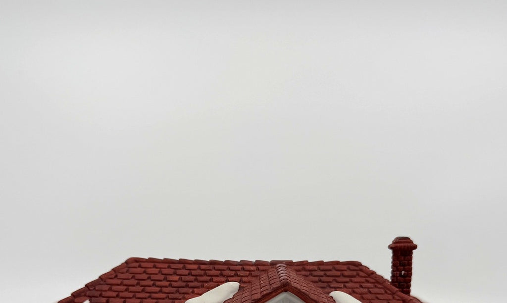 Department 56 New England Village Weston Train Station #5931-5 — detail: red shingle roof with snow patches