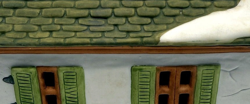 Department 56 Scrooge & Marley Counting House, Dickens' Village, 1986 – detail: upper windows with green shutters