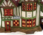 Department 56 Dickens' Village Hembleton Pewterer 1992 #5800-9 – detail of the Hembleton Pewterer sign, two-story bay windows, teapot plaque and front door