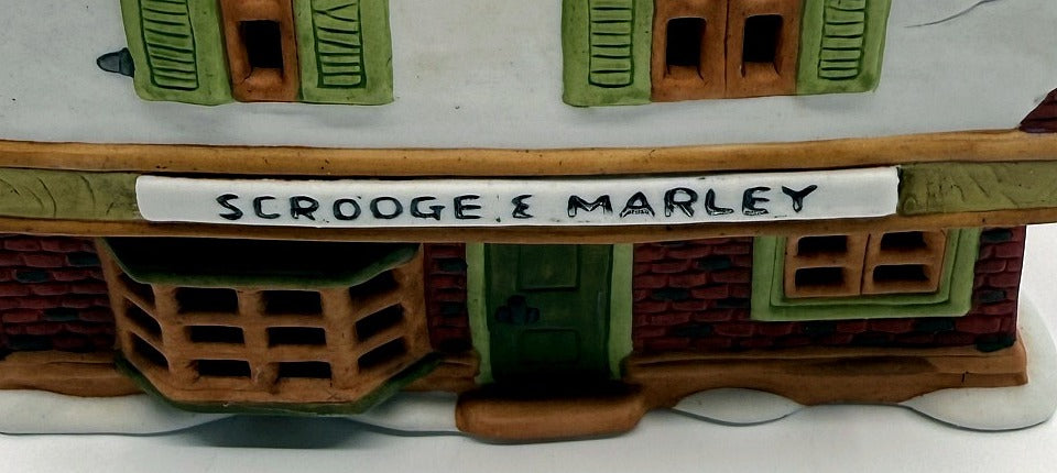 Department 56 Scrooge & Marley Counting House, Dickens' Village, 1986 – detail: painted Scrooge & Marley sign and bay window