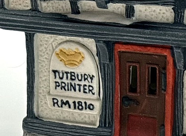 Department 56 Tutbury Printer, Dickens' Village, 1990 – detail: painted Tutbury Printer RM 1810 sign and front door