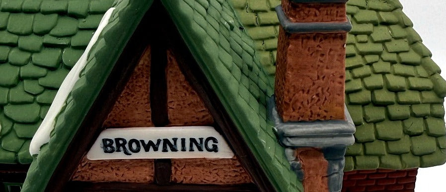 Department 56 Browning Cottage, Dickens' Village, 1994 – detail: painted BROWNING sign and upper casement window