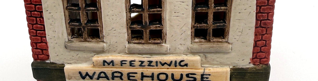 Department 56 M. Fezziwig Warehouse, Dickens' Village, 1986 – detail: hand-lettered M. Fezziwig Warehouse sign