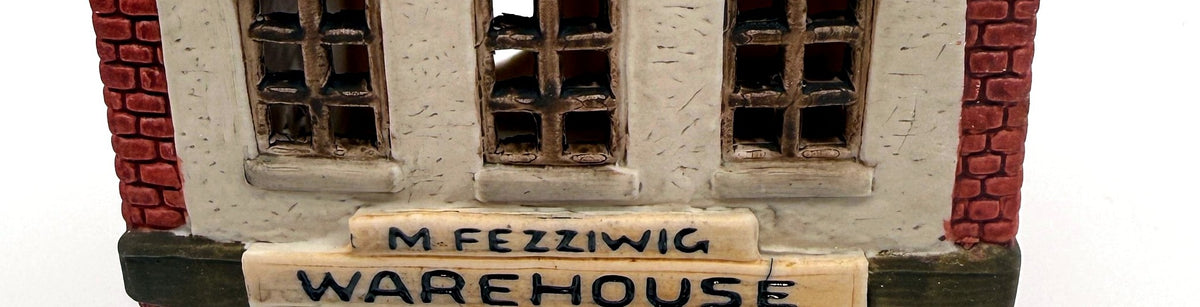 Department 56 M. Fezziwig Warehouse, Dickens' Village, 1986 – detail: hand-lettered M. Fezziwig Warehouse sign