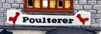 Department 56 Dickens' Village Poulterer 1988 lighted porcelain poultry shop — detail: Poulterer sign with two red rooster silhouettes
