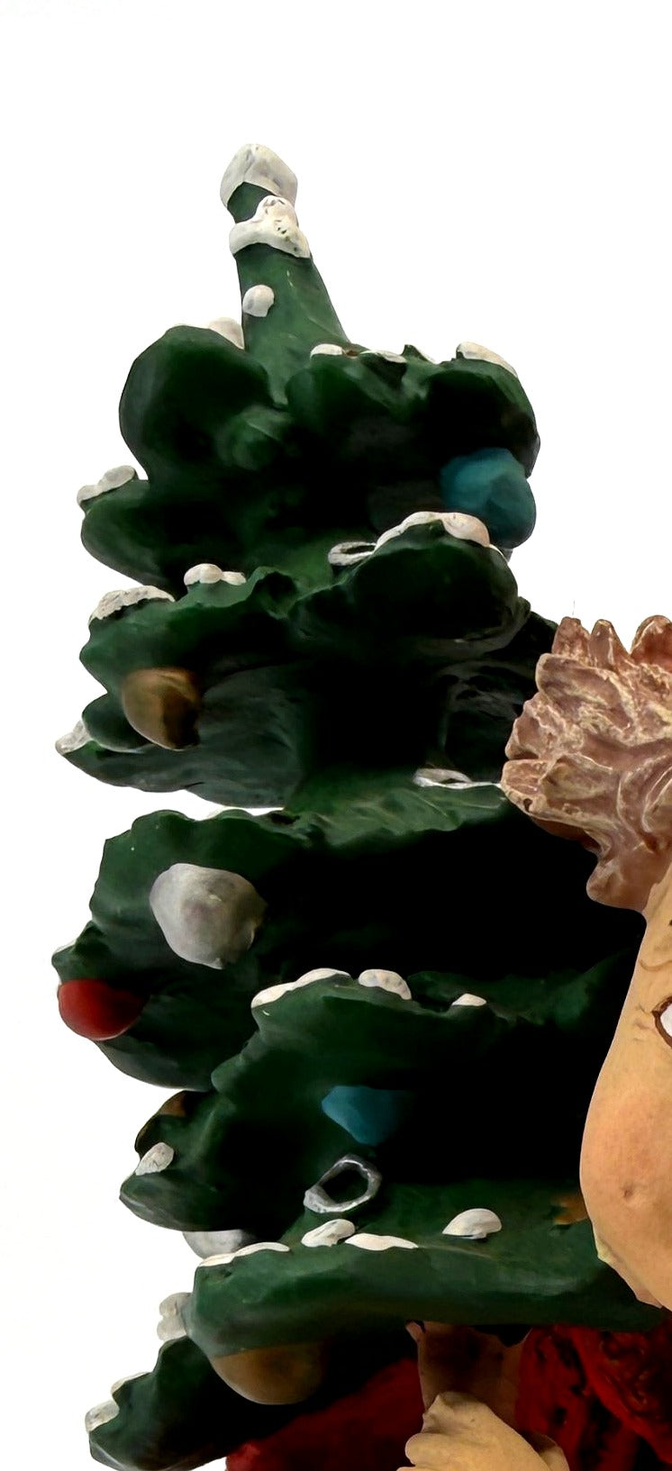 Detail: snow-dusted Christmas tree with ornaments (detail from seller photo)