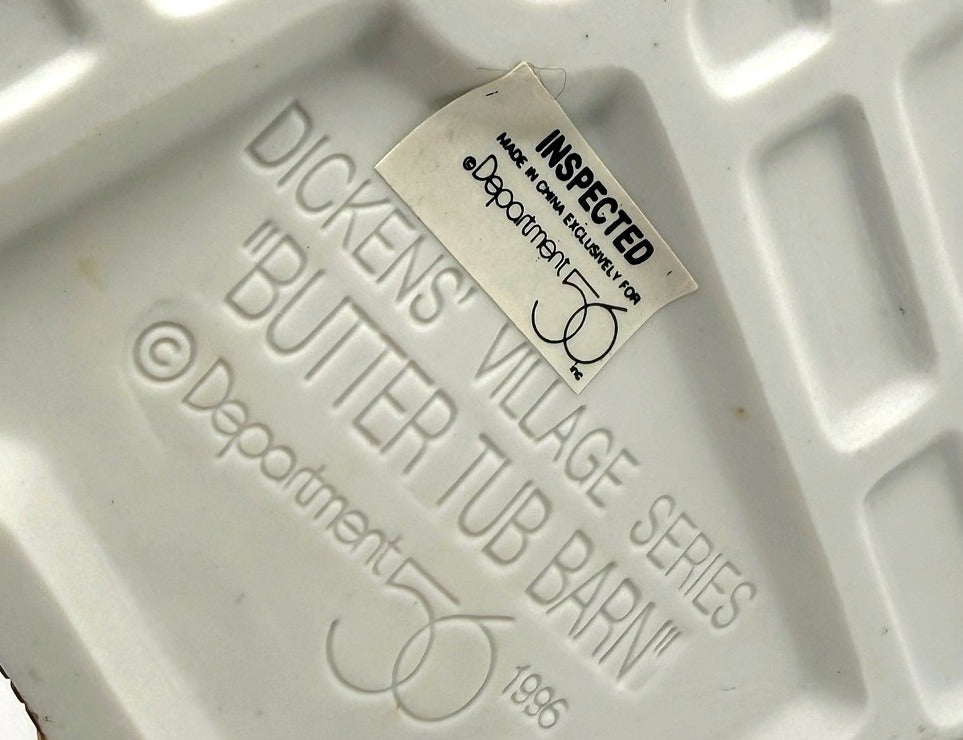 Department 56 Dickens' Village Butter Tub Barn #58338 – detail: underside molded mark, Dickens' Village Series, Butter Tub Barn, 1996, with the Made in China inspection sticker