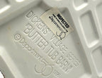 Department 56 Dickens' Village Butter Tub Barn #58338 – detail: underside molded mark, Dickens' Village Series, Butter Tub Barn, 1996, with the Made in China inspection sticker