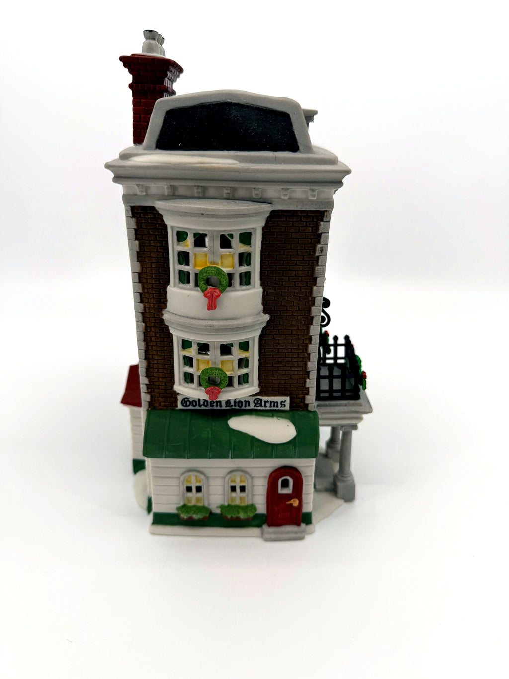 Department 56 Crown & Cricket Inn, Dickens' Village, 1992 First Edition – Golden Lion Arms bay-window side view