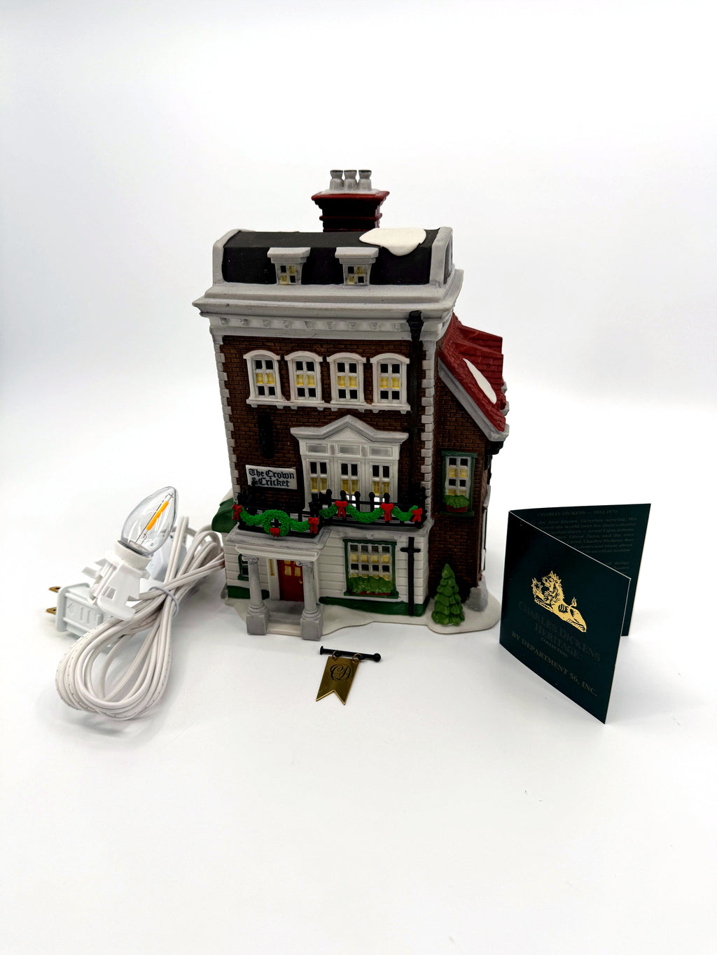 Department 56 Crown & Cricket Inn, Dickens' Village, 1992 First Edition – complete set with new light cord, gold hanging sign and collector's booklet