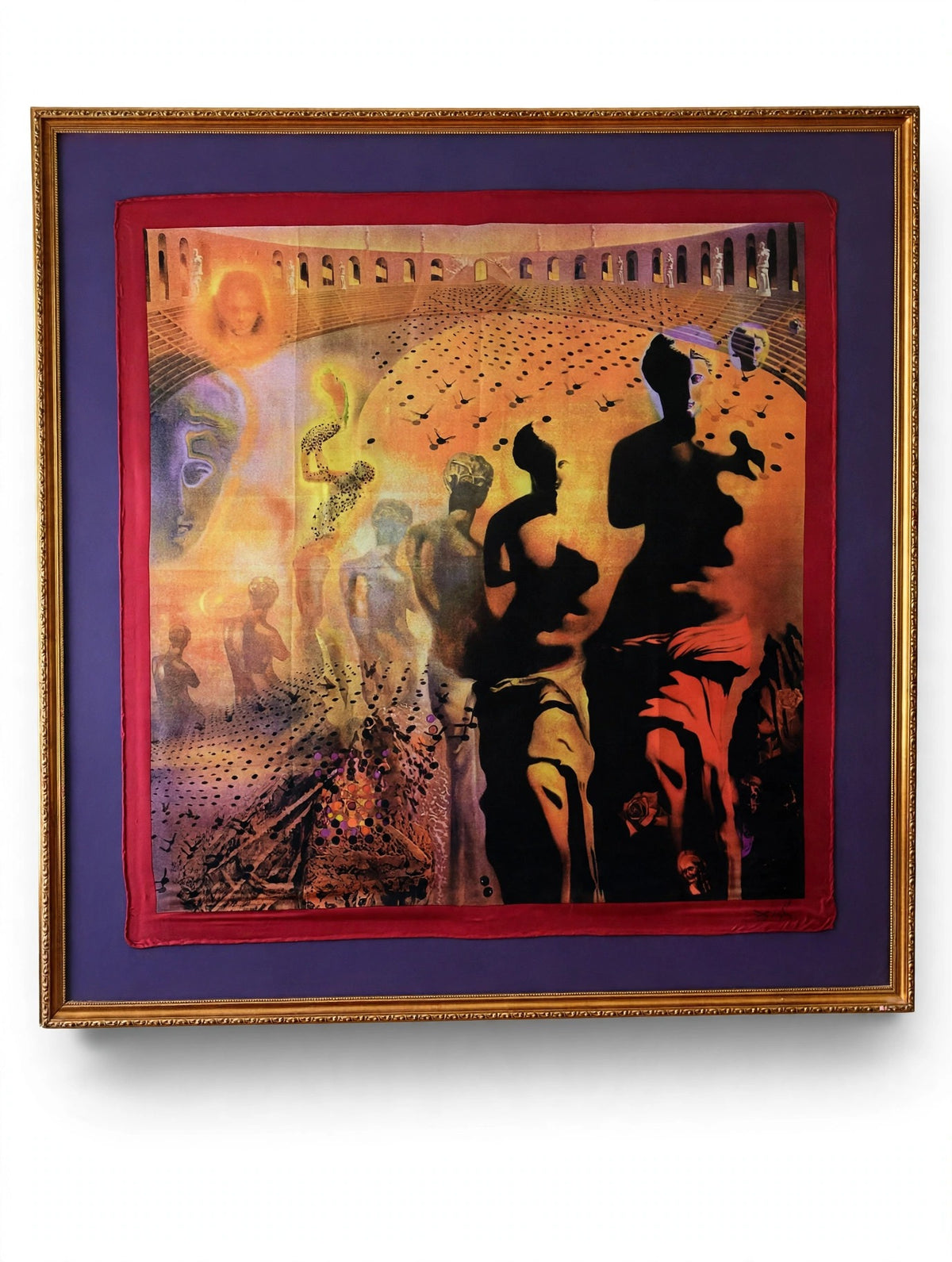 Salvador Dali Museum Hallucinogenic Toreador framed textile art print, 1995 — front view on an easel, straight on