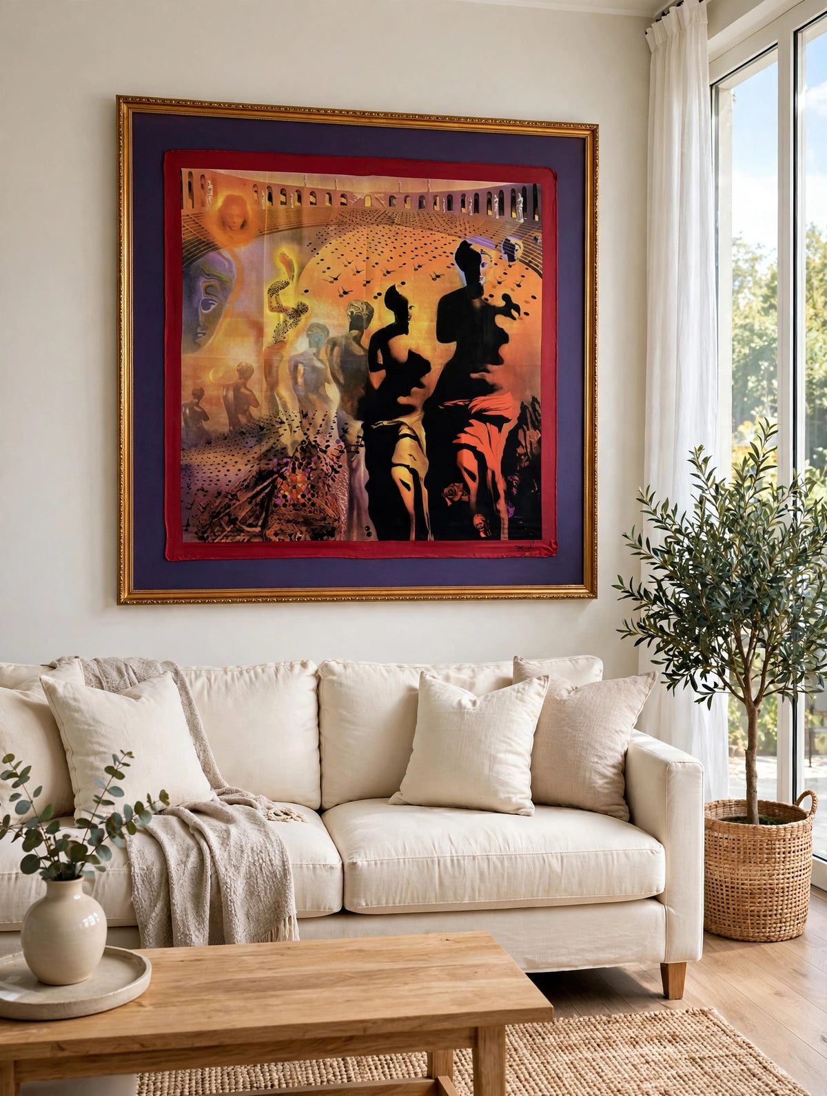 Styled lifestyle photo — the framed Dalí scarf above a cream sofa in a bright living room (display inspiration)