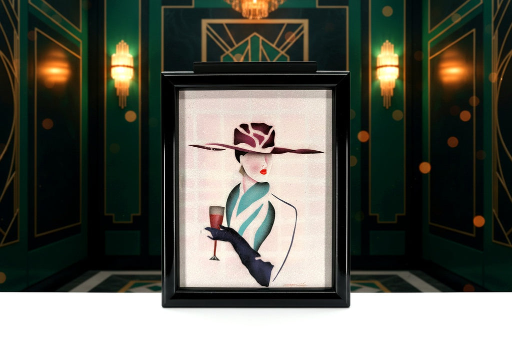Vintage 1993 Art Deco-style fashion lady with champagne framed wall art