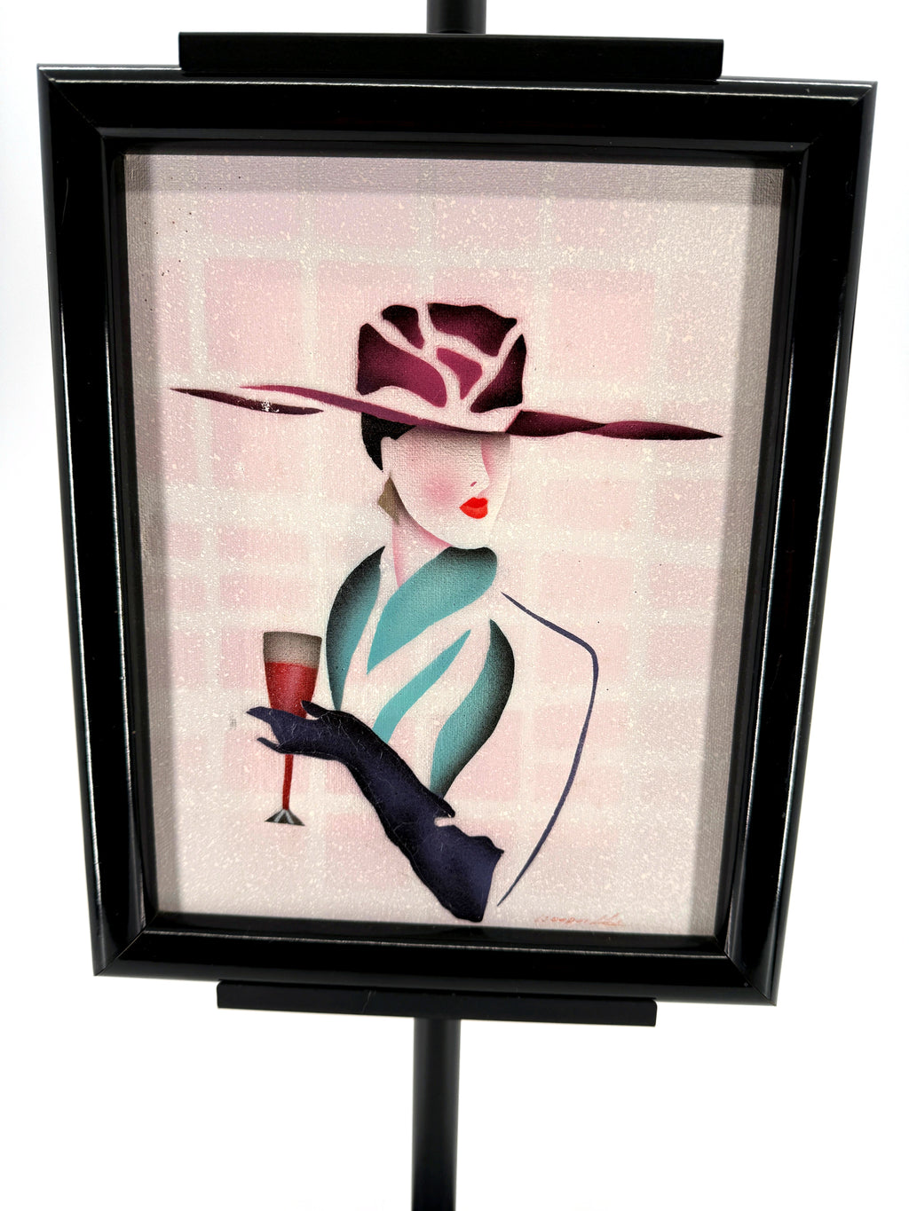 Vintage 1993 Art Deco-style fashion lady framed wall art — front view on display stand