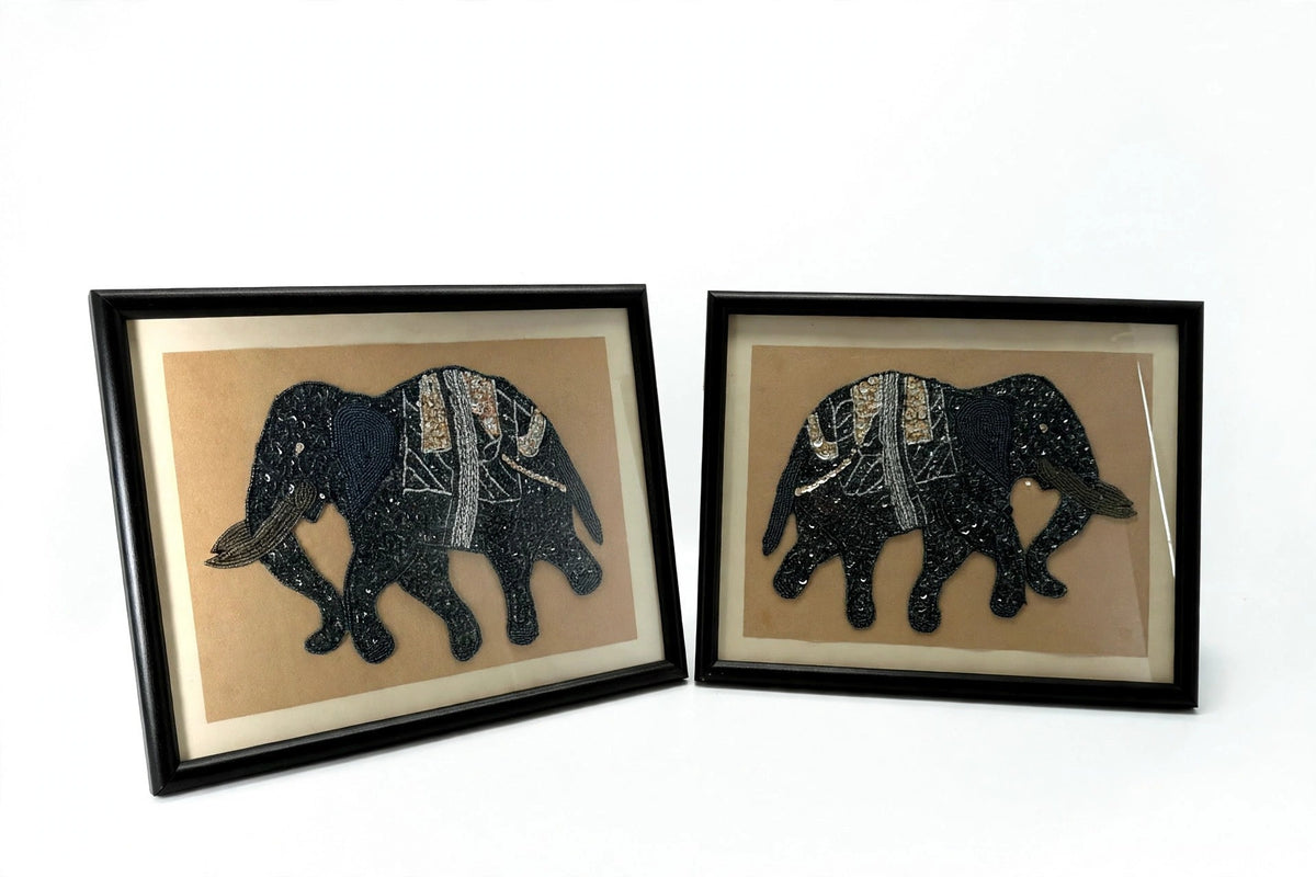 Framed pair of vintage Indian beaded and sequined elephant textile artworks