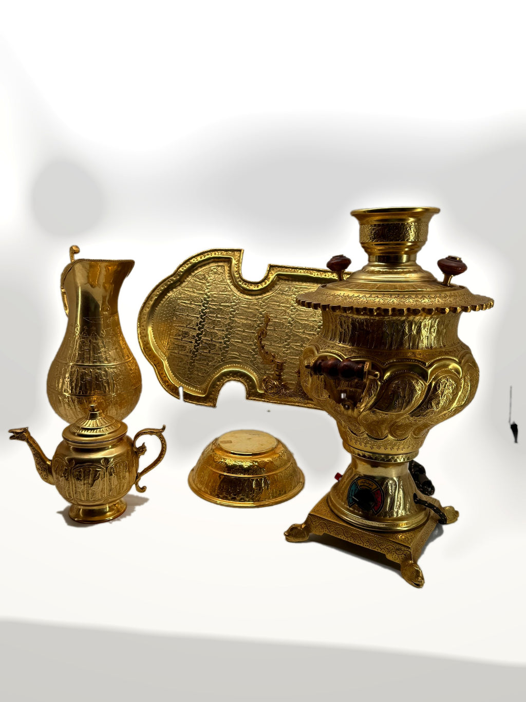 Complete set – teapot beside the samovar, tray propped behind