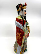 Vintage Chinese porcelain Lu Xing prosperity god statue, Taiwan — right side profile showing the gold dragon sleeve
