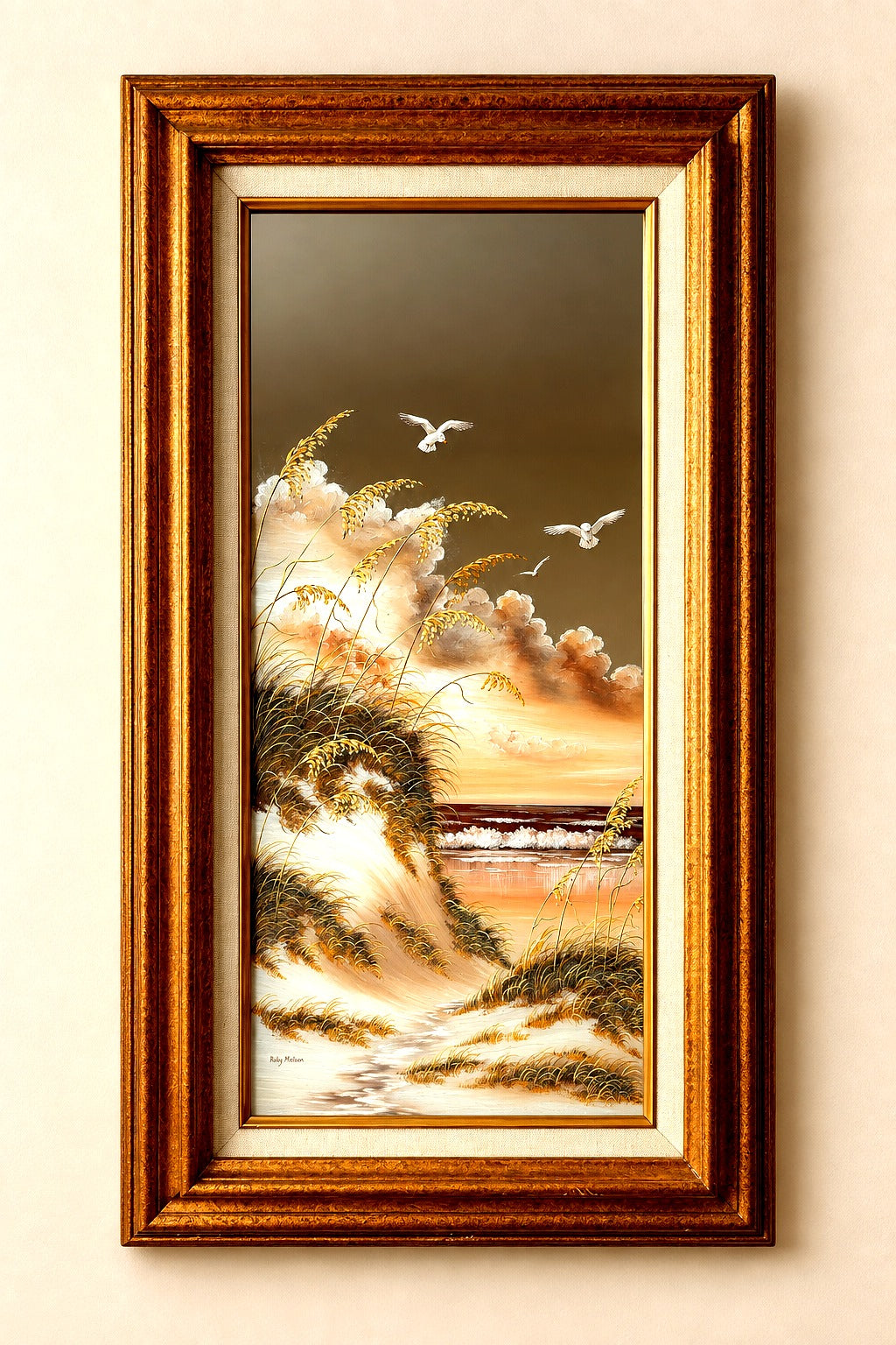Ruby Melson framed coastal oil painting on mirror, styled portrait view