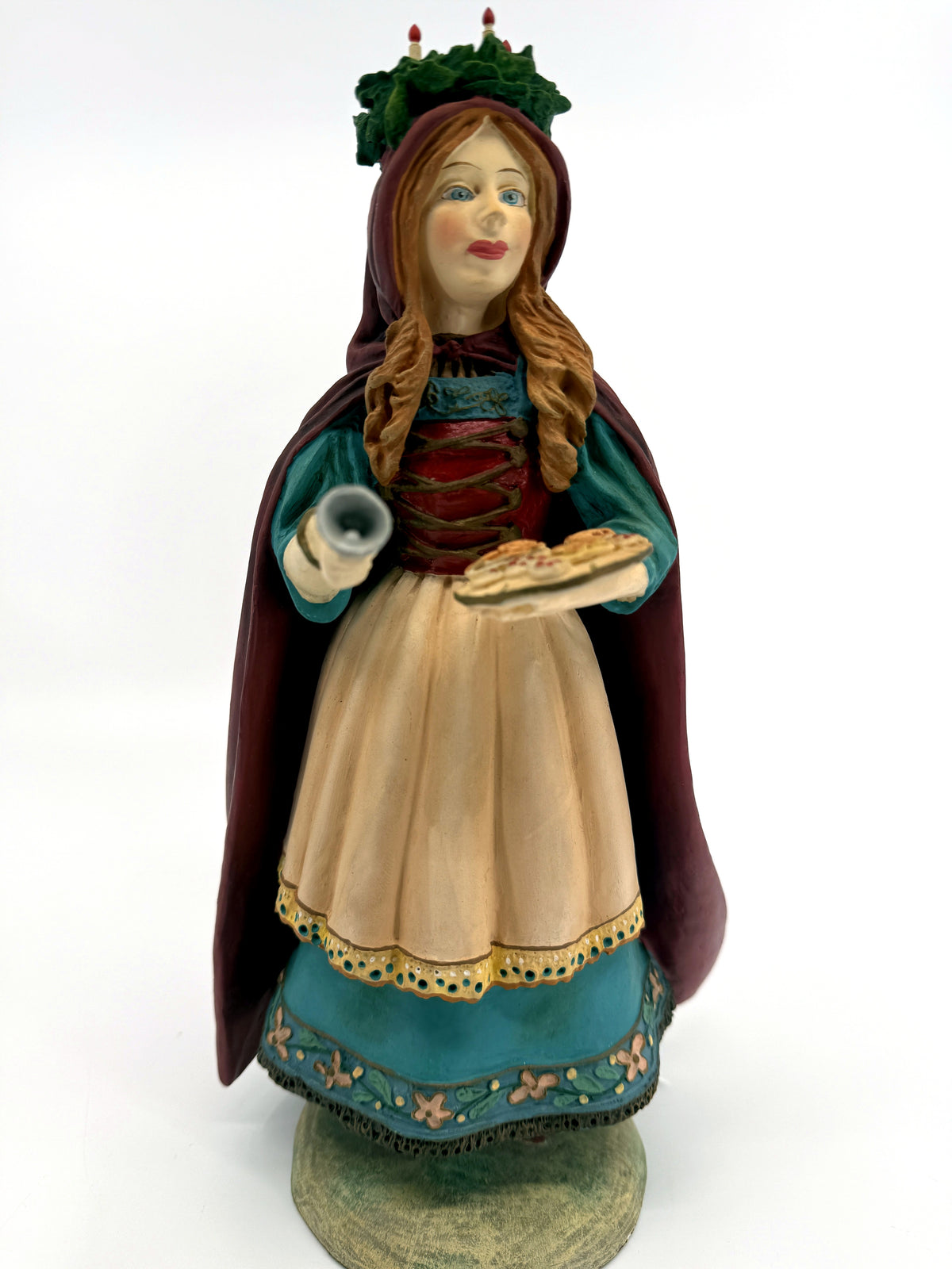 Duncan Royale St. Lucia figurine, History of Santa II, 1985 — full front view with candle crown, tray of baked goods and bell