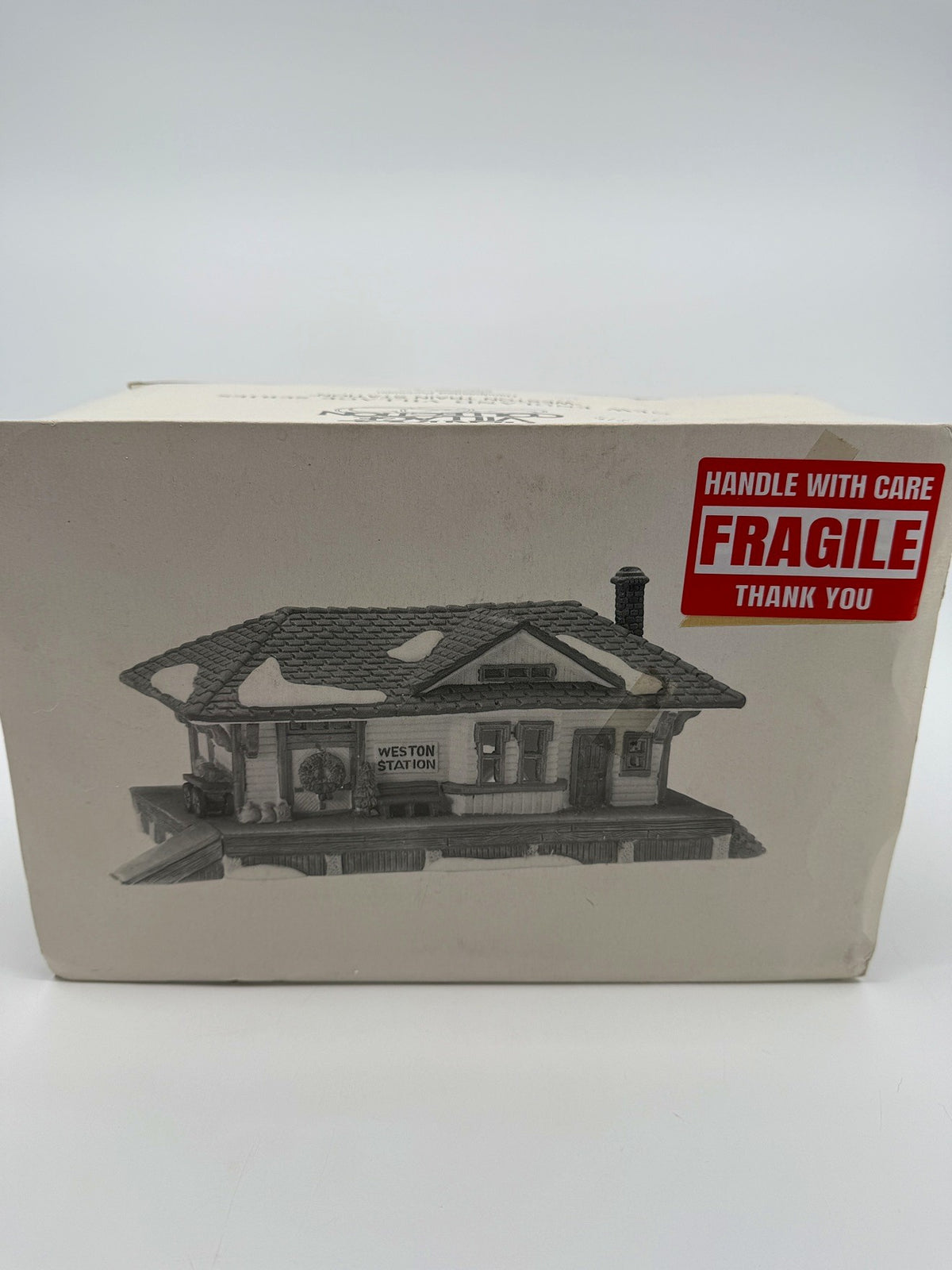 Department 56 New England Village Weston Train Station #5931-5 — original box front with the printed station illustration