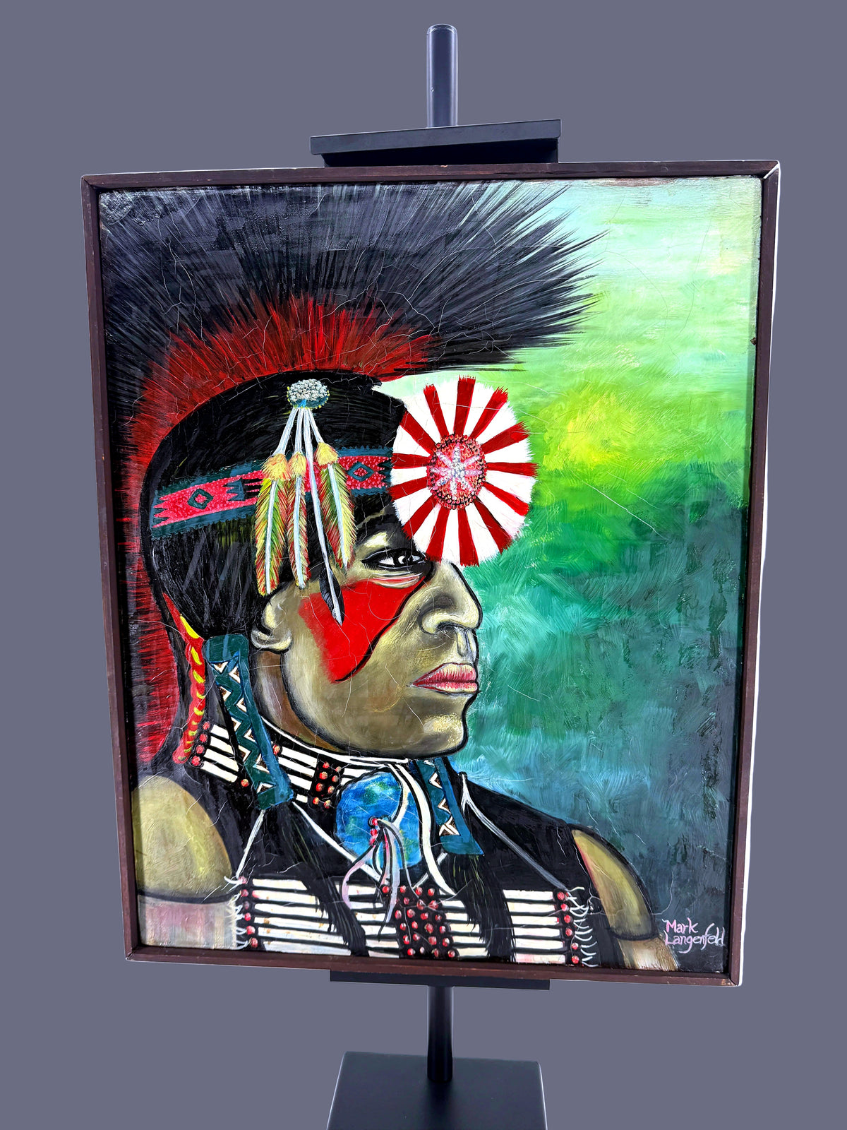 Mark Langenfeld original Native American portrait painting, 2000 — the framed painting on an easel, full view