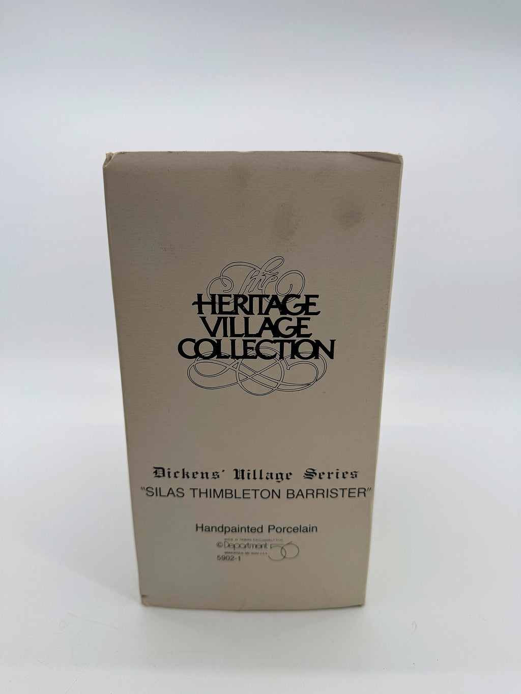 Original box end panel: Heritage Village Collection, Silas Thimbleton Barrister, 5902-1, Made in Taiwan