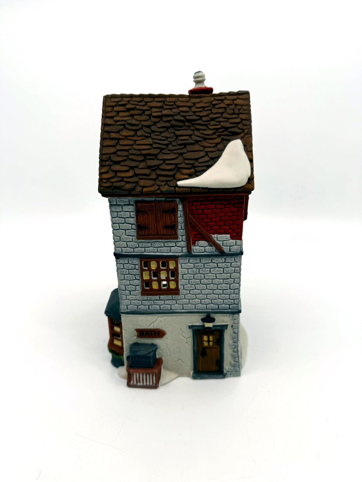 Department 56 Dickens' Village Poulterer 1988 lighted porcelain poultry shop — right side: BATH sign and wooden crate