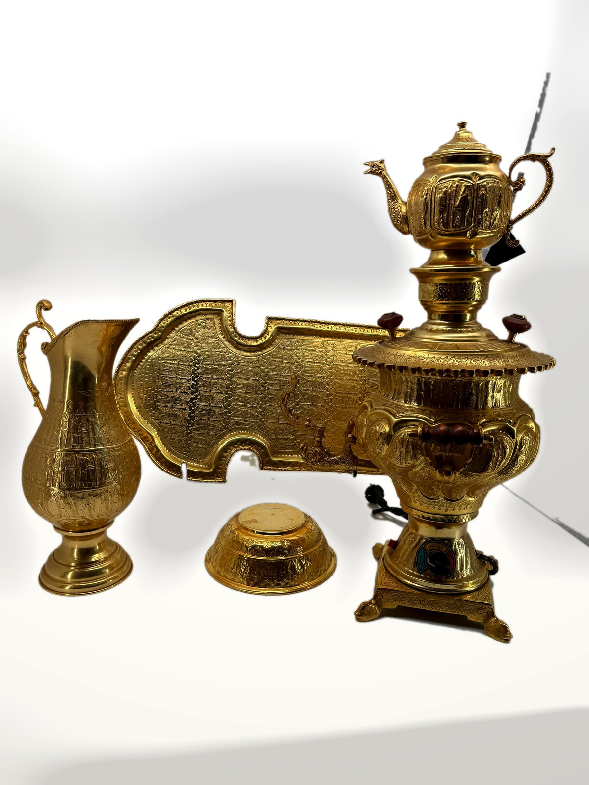 Persian-style engraved gold-tone samovar 5-piece decorative collection – complete set assembled, teapot atop samovar