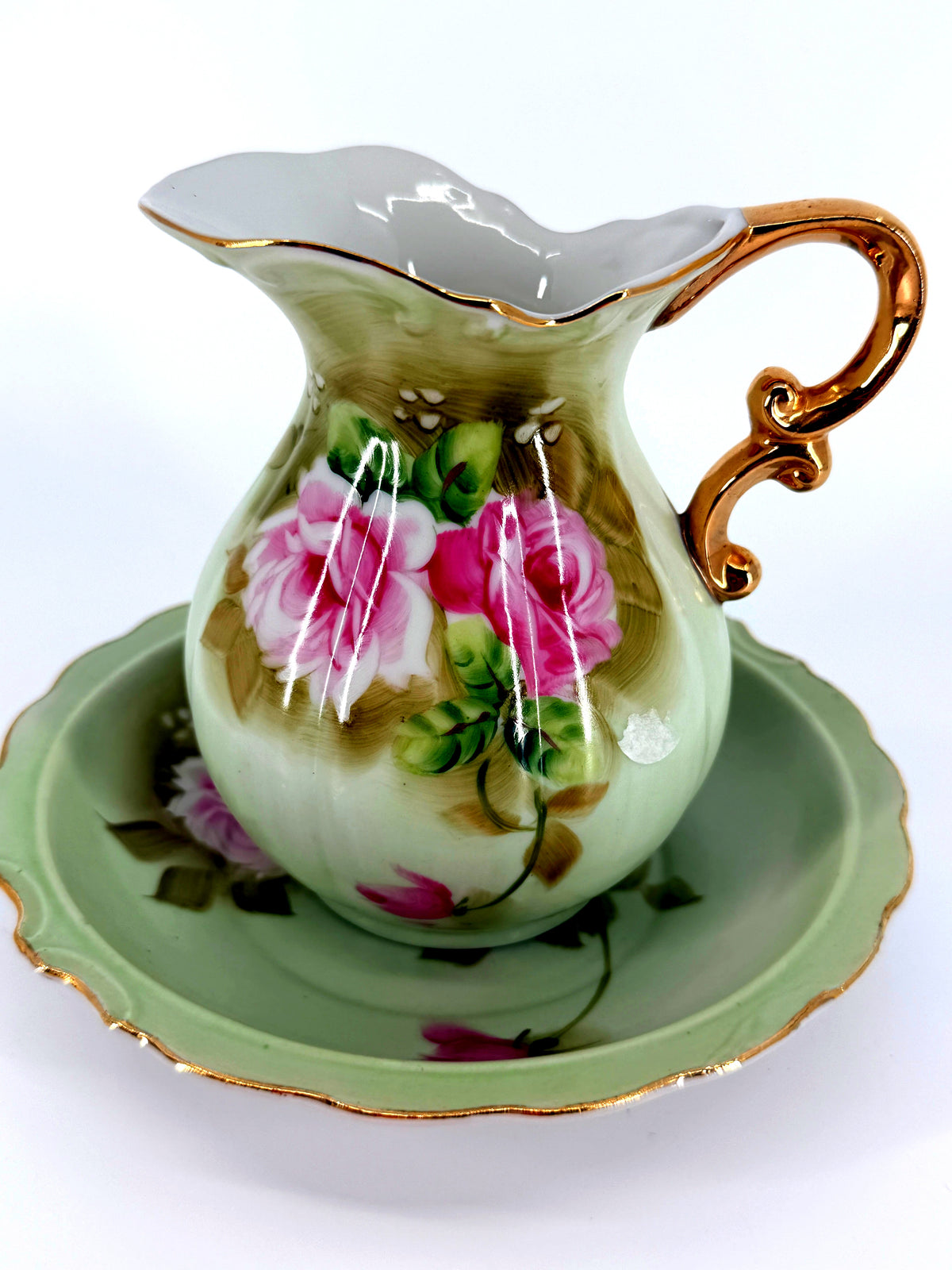 Vintage Lefton China hand-painted pitcher and basin set, 4578 — the pitcher on its basin, front view on a white background