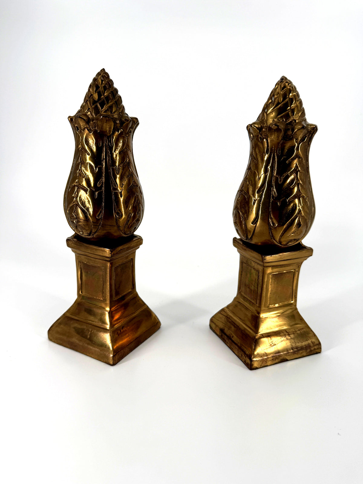 Vintage brass artichoke bookends, made in India, pair — the pair, front view close together