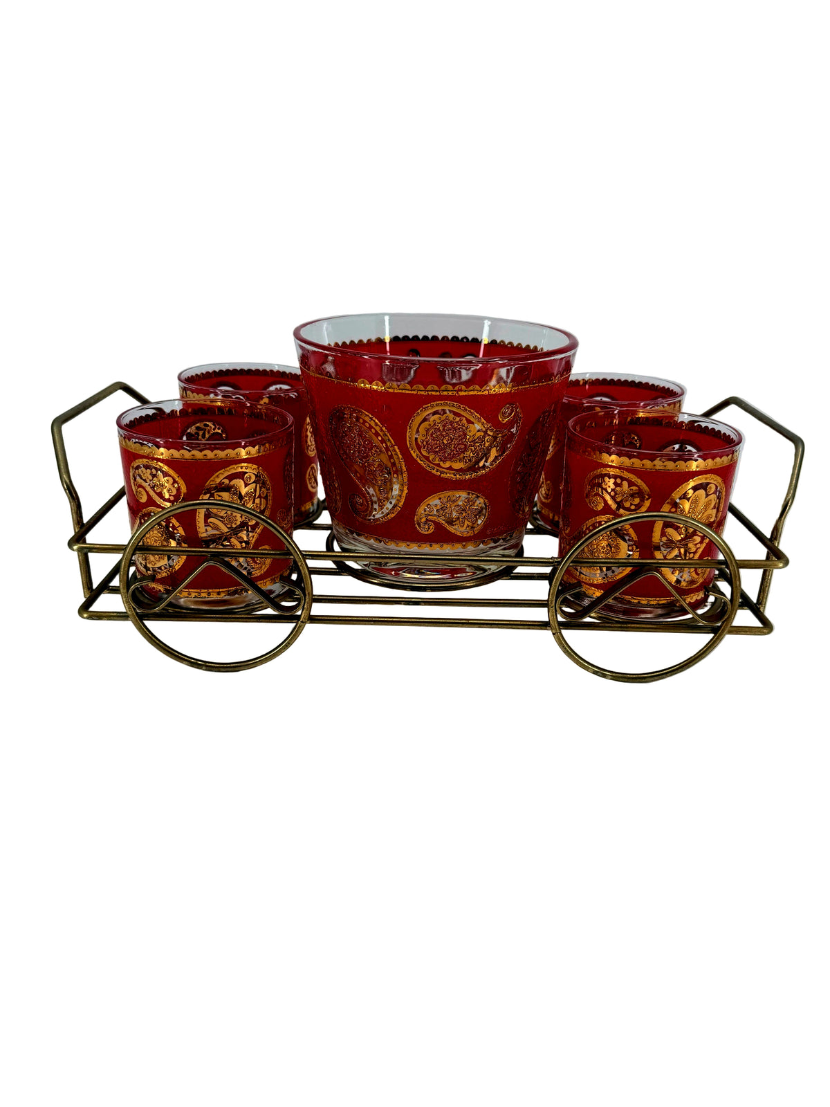 Vintage Culver Ltd red and gold paisley barware set with brass carrier — the full set in its brass carrier on a white background