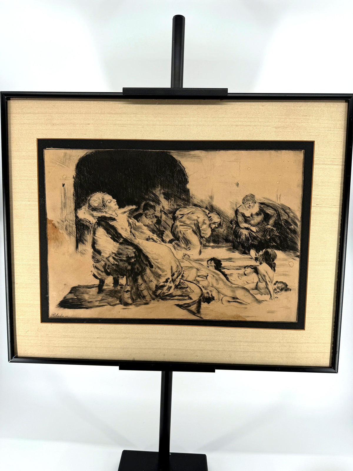 Bela Ivanyi-Grunwald and Istvan Prihoda Bathers original etching, framed — the framed etching on a display stand, front view