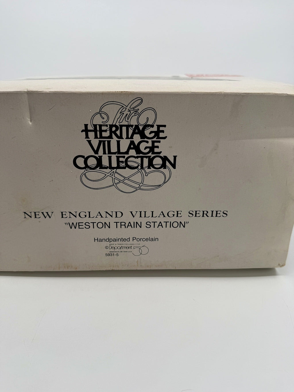 Department 56 New England Village Weston Train Station #5931-5 — original box end: Heritage Village Collection, New England Village Series, Weston Train Station, 5931-5, Made in Taiwan