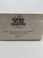 Department 56 New England Village Weston Train Station #5931-5 — original box end: Heritage Village Collection, New England Village Series, Weston Train Station, 5931-5, Made in Taiwan