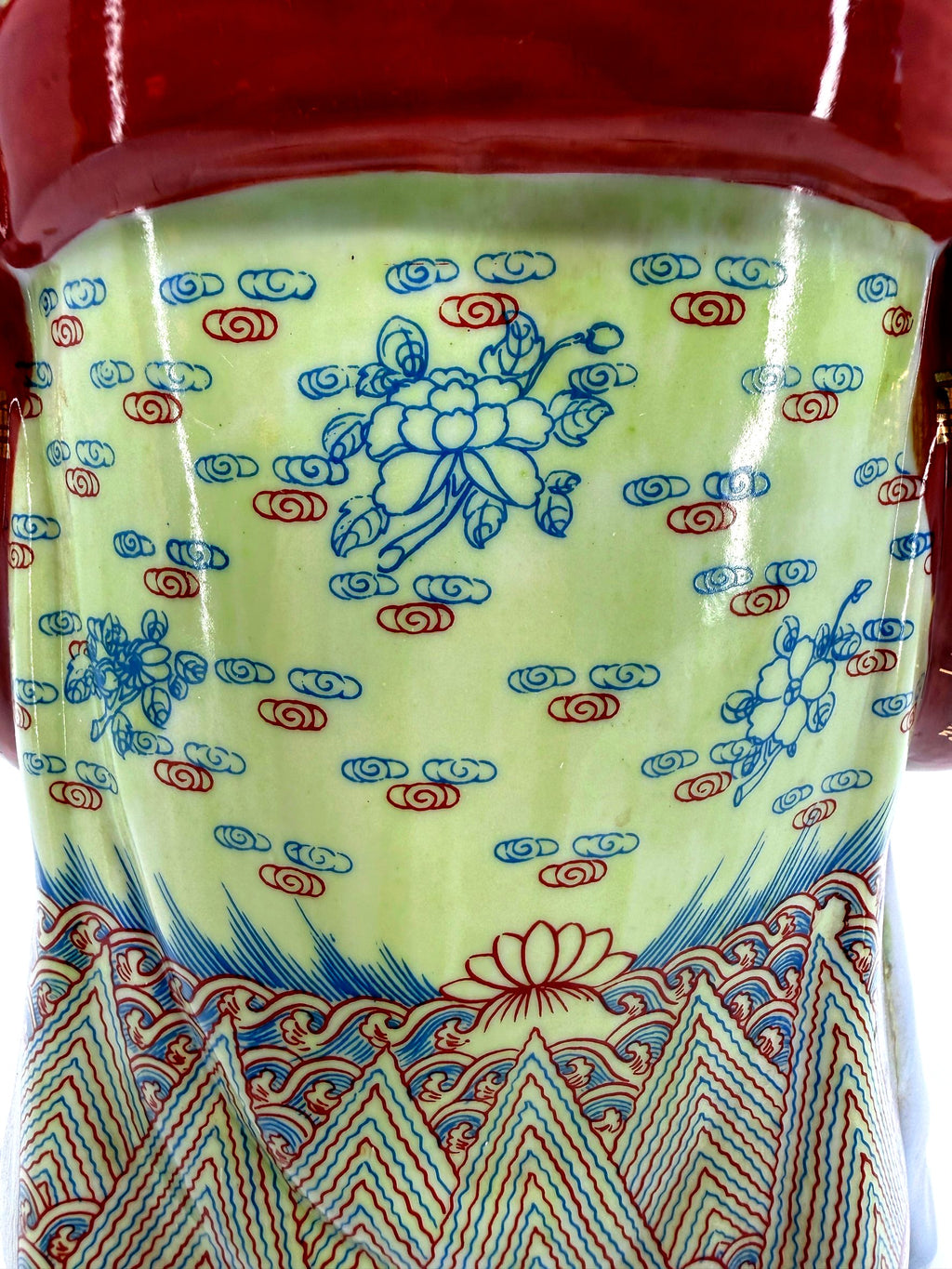 Vintage Chinese porcelain Lu Xing prosperity god statue, Taiwan — detail: back panel with peony, cloud and wave patterns