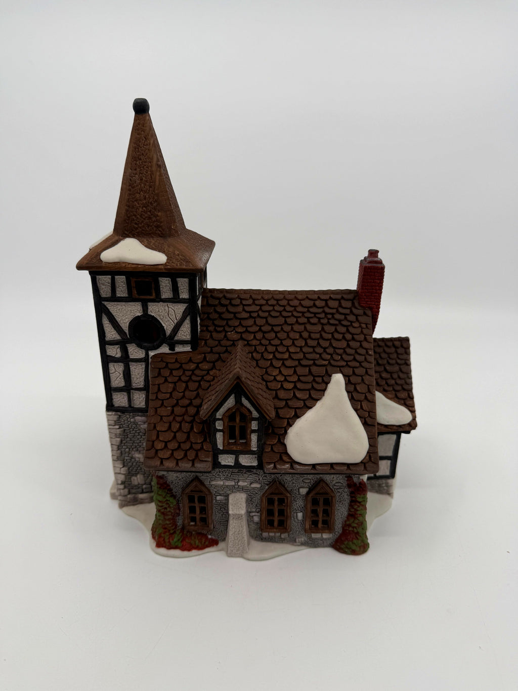 Department 56 Dickens' Village Old Michaelchurch 1992 lighted porcelain church — right side: roof and red brick chimney