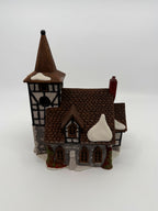 Department 56 Dickens' Village Old Michaelchurch 1992 lighted porcelain church — right side: roof and red brick chimney