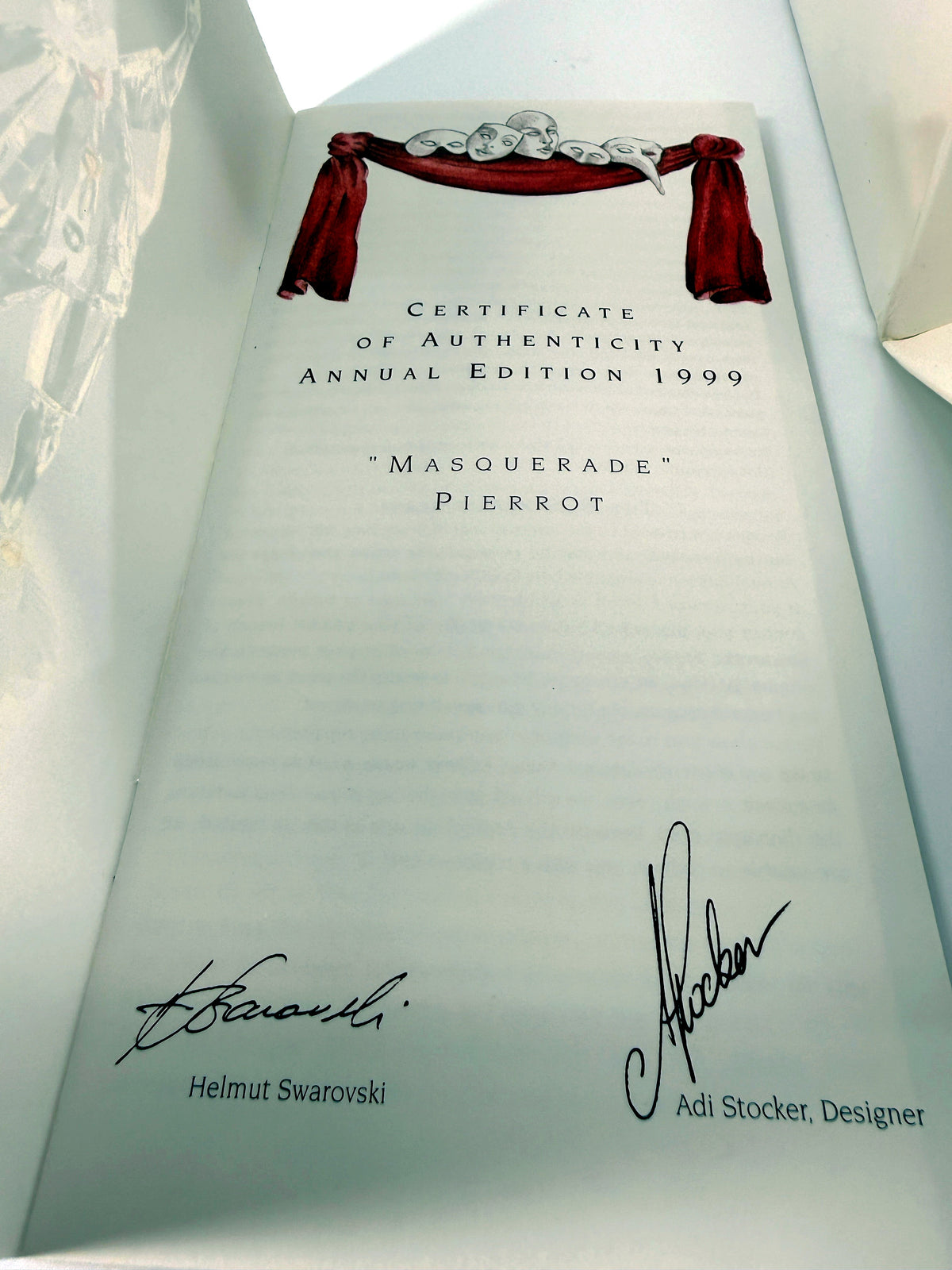 1999 Swarovski SCS Pierrot Masquerade crystal figurine — the Certificate of Authenticity — 'Masquerade Pierrot' annual edition 1999, signed by the designer