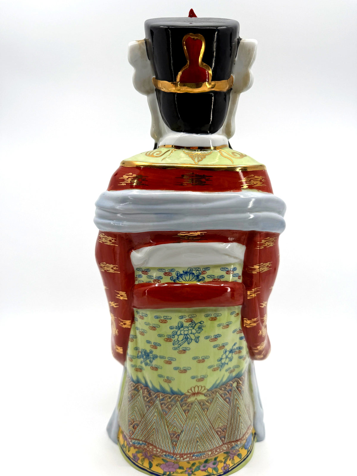 Vintage Chinese porcelain Lu Xing prosperity god statue, Taiwan — full back view with celadon panel