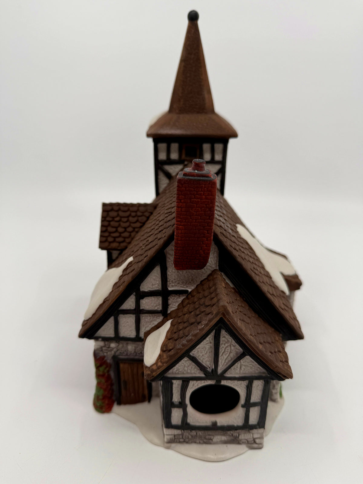 Department 56 Dickens' Village Old Michaelchurch 1992 lighted porcelain church — back view with light cord opening
