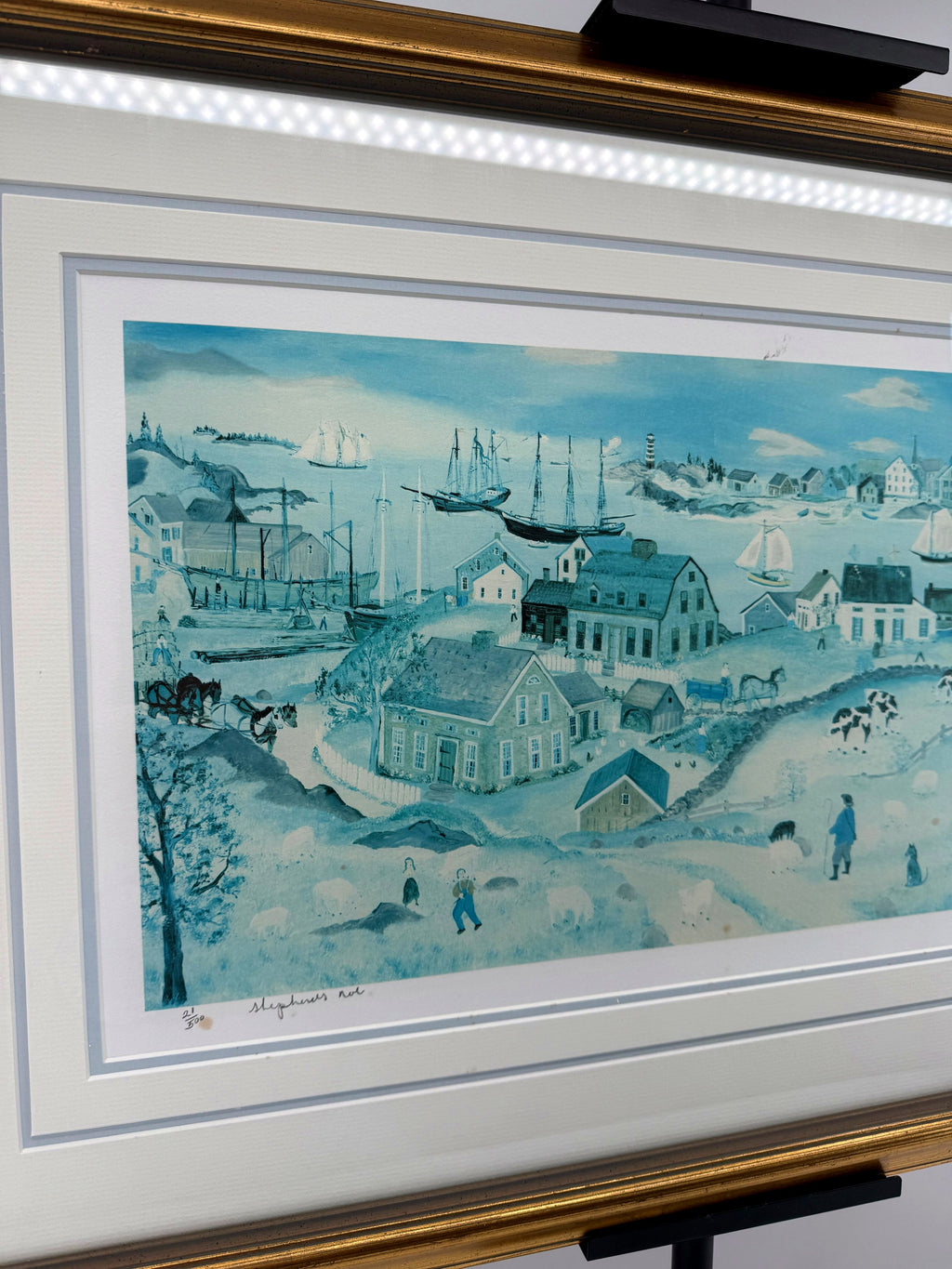Will Moses "Shepherd's Nob" lithograph — angled front view showing the gold frame and white mat