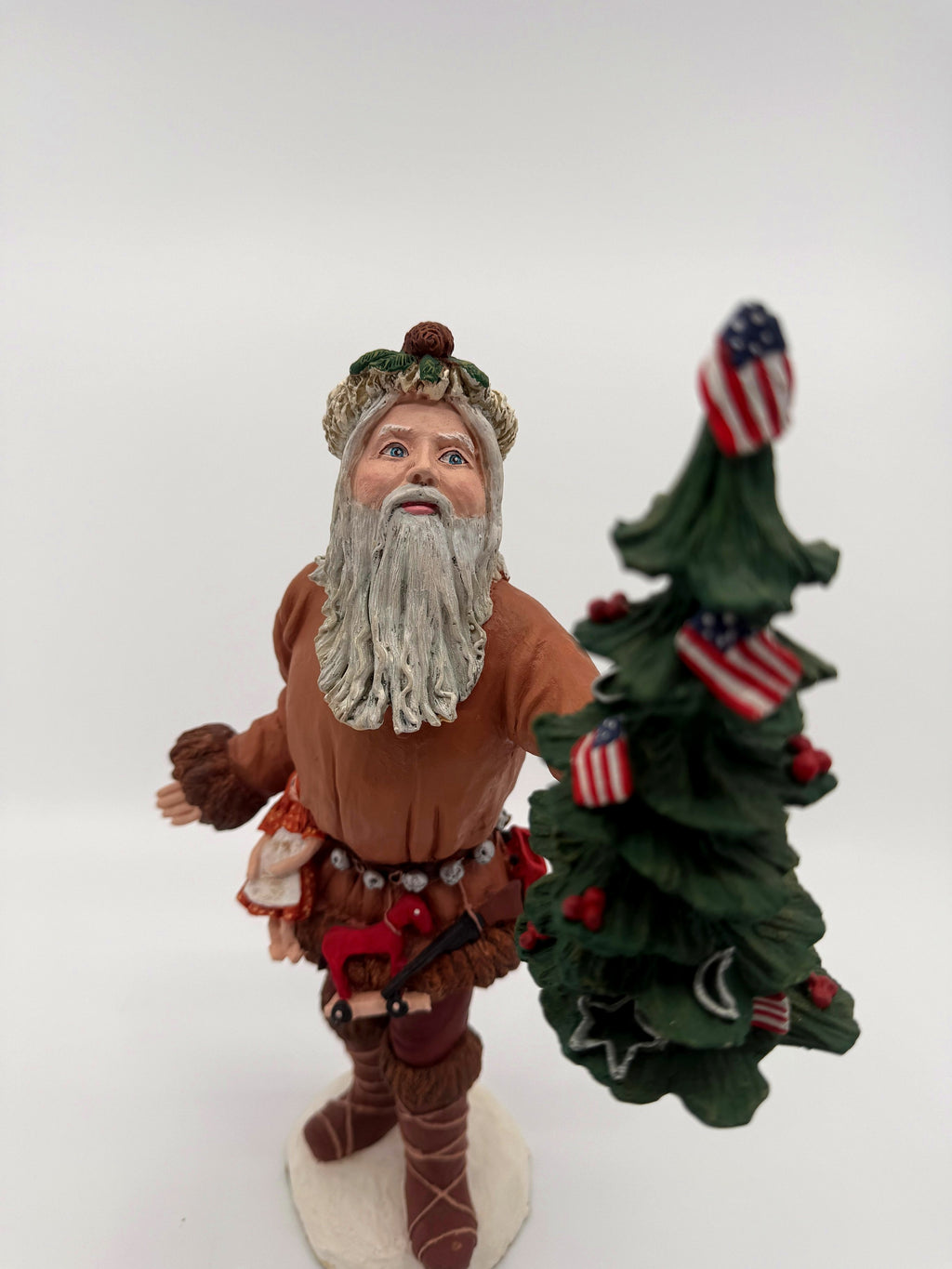 Vintage 1983 Duncan Royale Pioneer Santa figurine – close-up of Santa's face, fur cap and long white beard