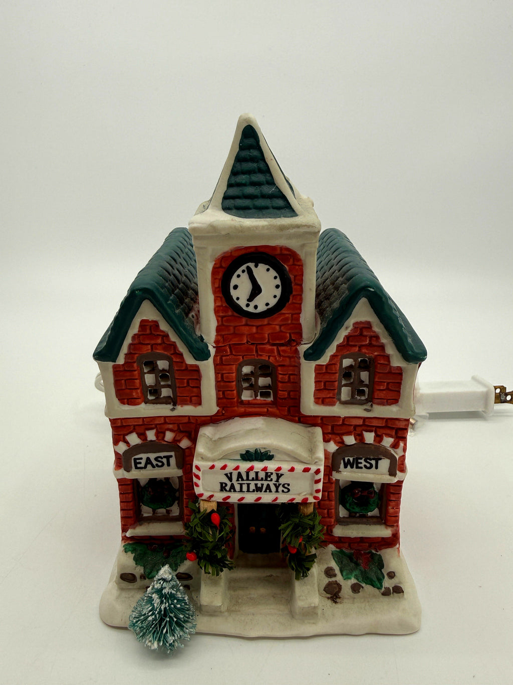 Front close view: clock tower, Valley Railways marquee, East and West signs, wreaths and garlands (enhanced photo)