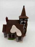 Department 56 Dickens' Village Old Michaelchurch 1992 lighted porcelain church — left side: tower with round window