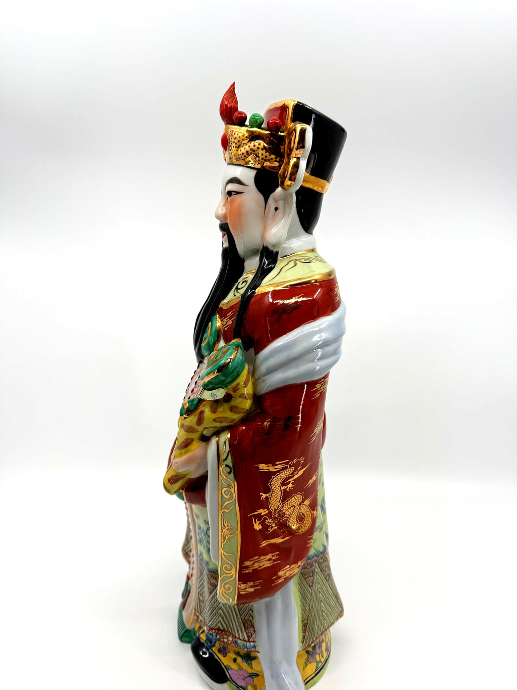 Vintage Chinese porcelain Lu Xing prosperity god statue, Taiwan — left side profile holding the ruyi scepter