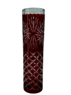 Vintage ruby red cut-to-clear glass vase, 12 inch — the vase alone, front view