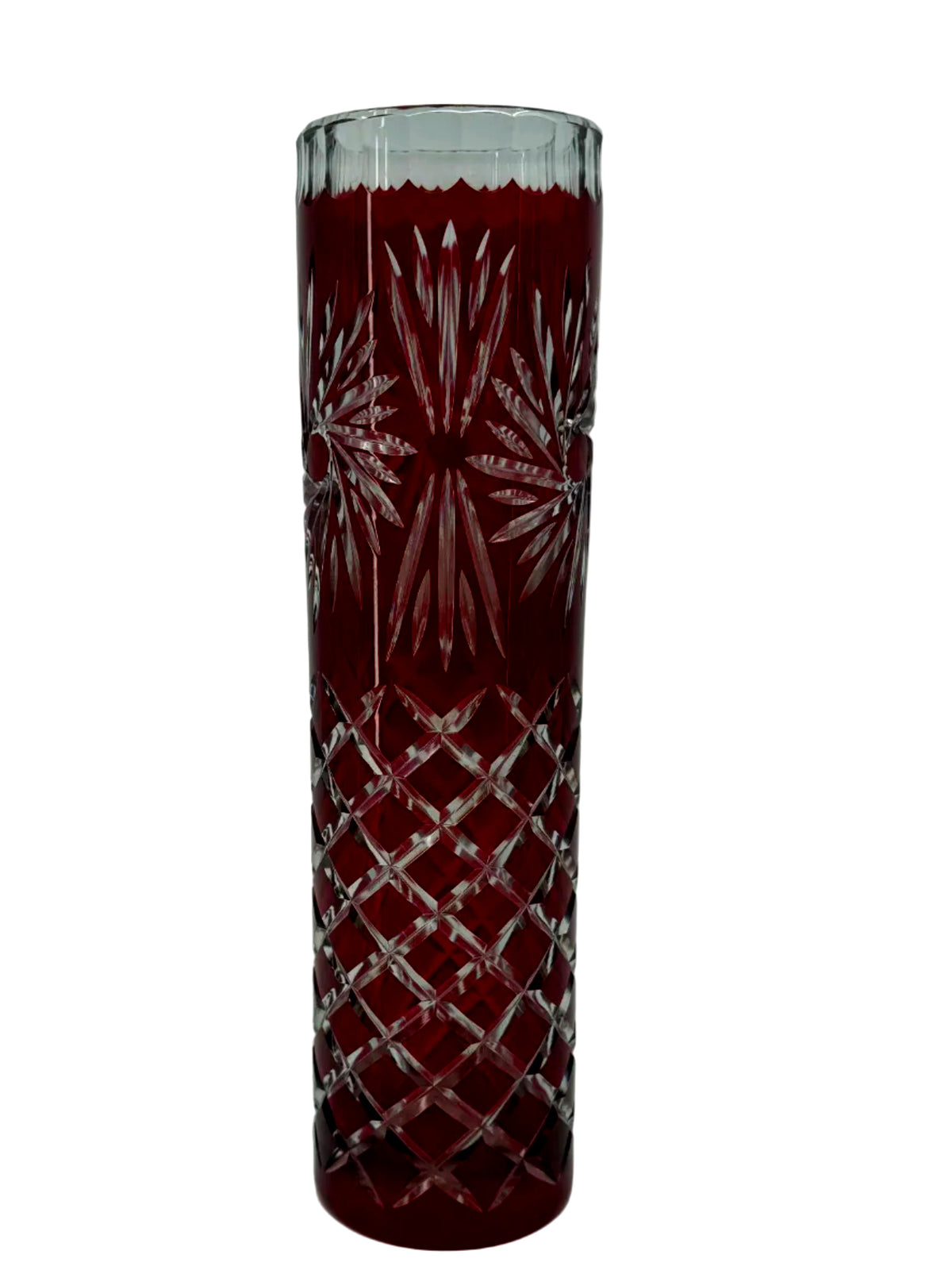 Vintage ruby red cut-to-clear glass vase, 12 inch — the vase alone, front view