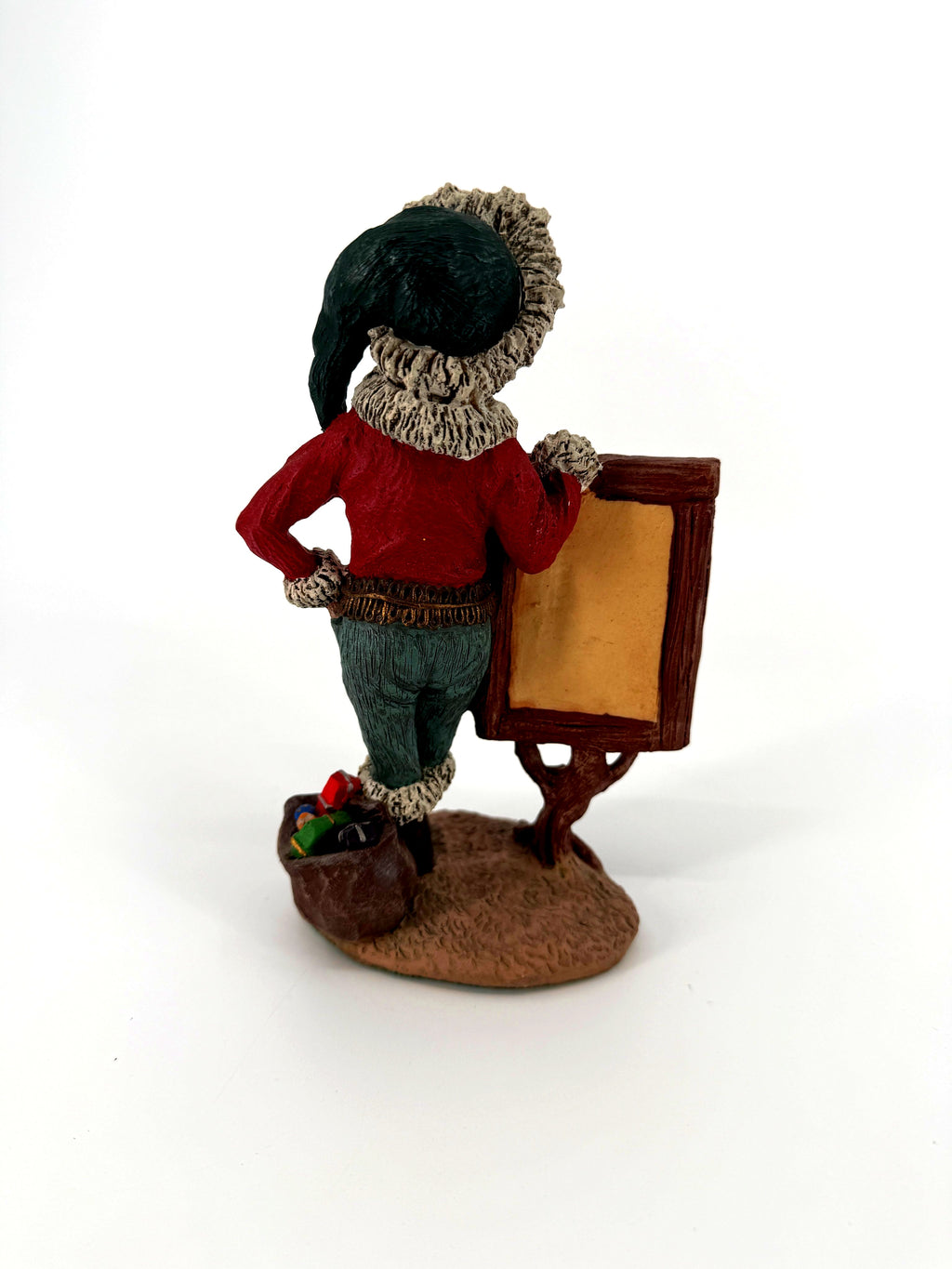 Duncan Royale History of Santa Claus Signature Piece - back three-quarter view showing the sign support, red jacket back and toy sack