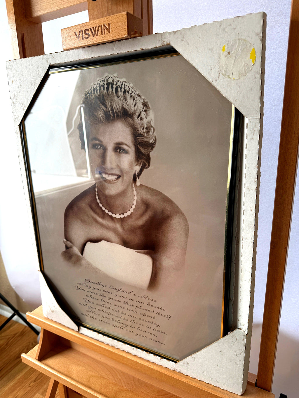 1997 Princess Diana Goodbye England's Rose memorial framed portrait — front view on an easel from a right angle