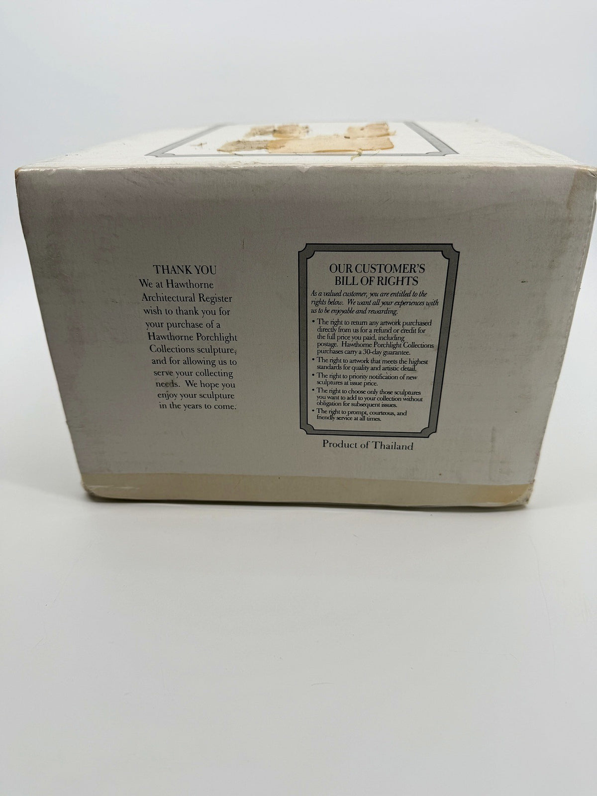 Hawthorne The Town Offices Norman Rockwell Christmas in Stockbridge 1993 — original box back: Customer's Bill of Rights, Product of Thailand